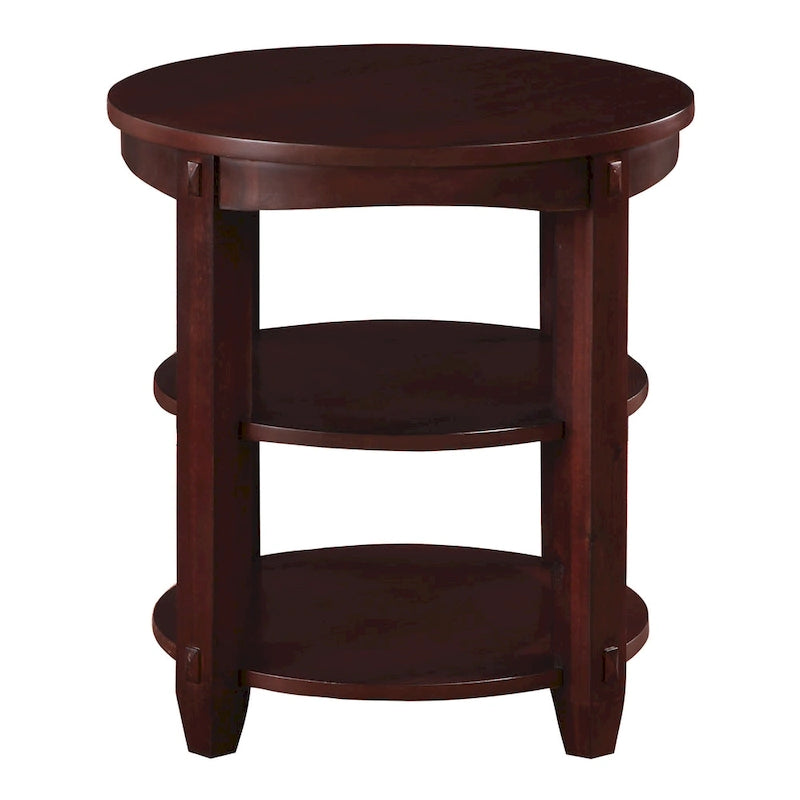 Round End Table with 3 Open Shelves & Wood Legs