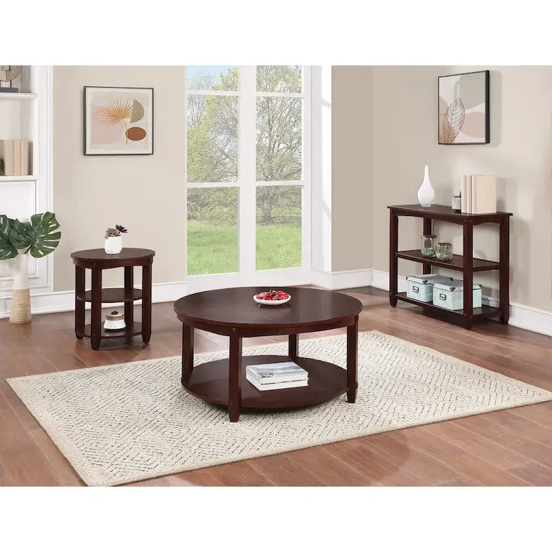 Round End Table with 3 Open Shelves & Wood Legs