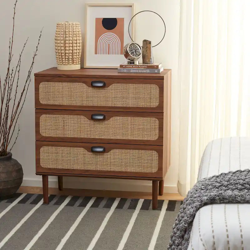 3-Drawer Chest with Rattan Mesh Front & Sleek Metal Pulls