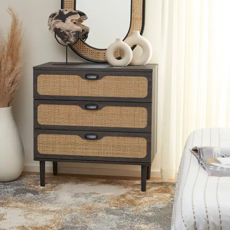 3-Drawer Chest with Rattan Mesh Front & Sleek Metal Pulls