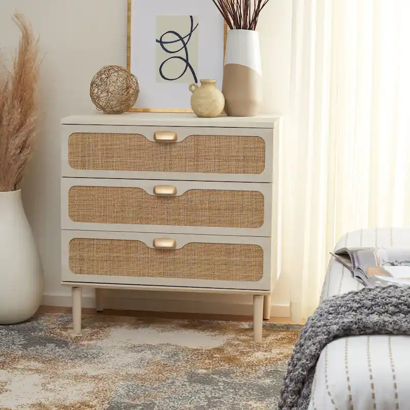 3-Drawer Chest with Rattan Mesh Front & Sleek Metal Pulls
