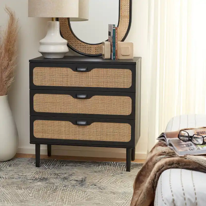 3-Drawer Chest with Rattan Mesh Front & Sleek Metal Pulls
