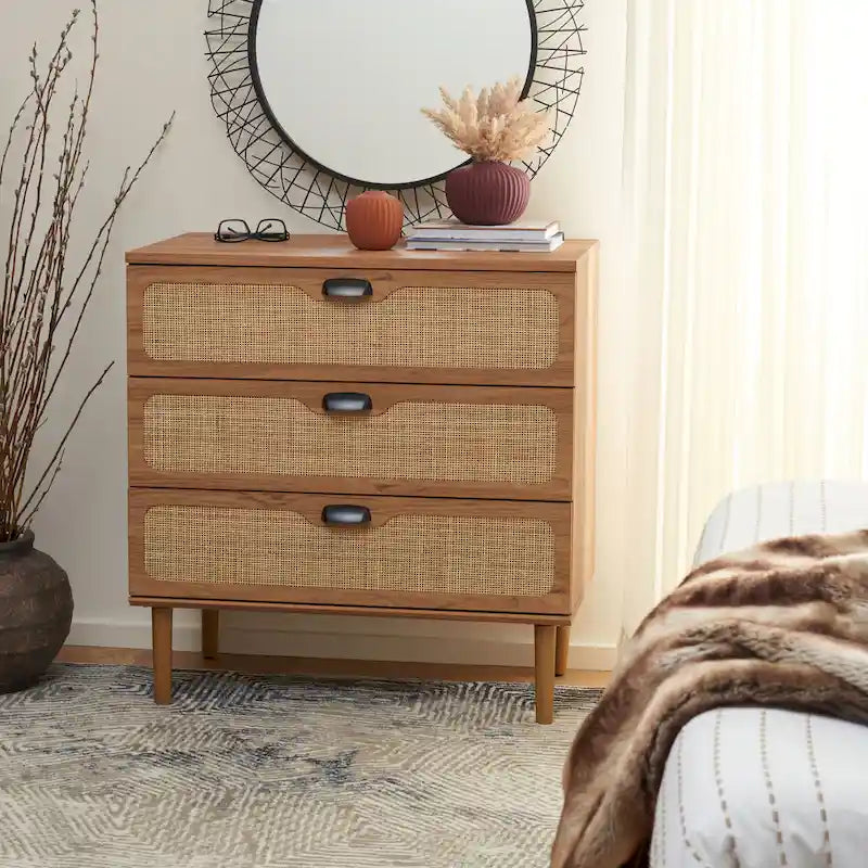 3-Drawer Chest with Rattan Mesh Front & Sleek Metal Pulls
