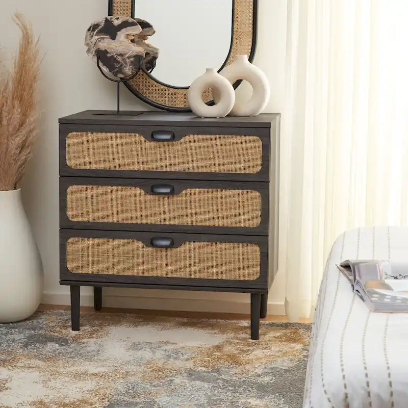 3-Drawer Chest with Rattan Mesh Front & Sleek Metal Pulls