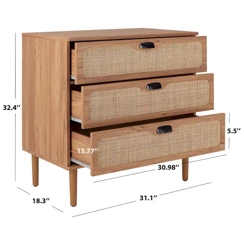 3-Drawer Chest with Rattan Mesh Front & Sleek Metal Pulls