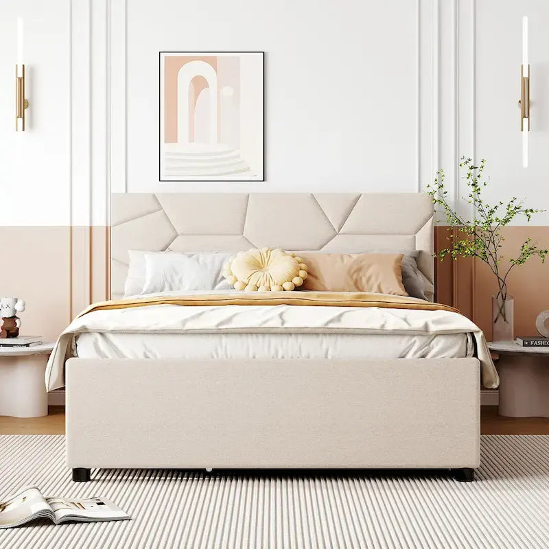 Full Size Platform Bed with Trundle, 2 Storage Drawers & Upholstered Headboard