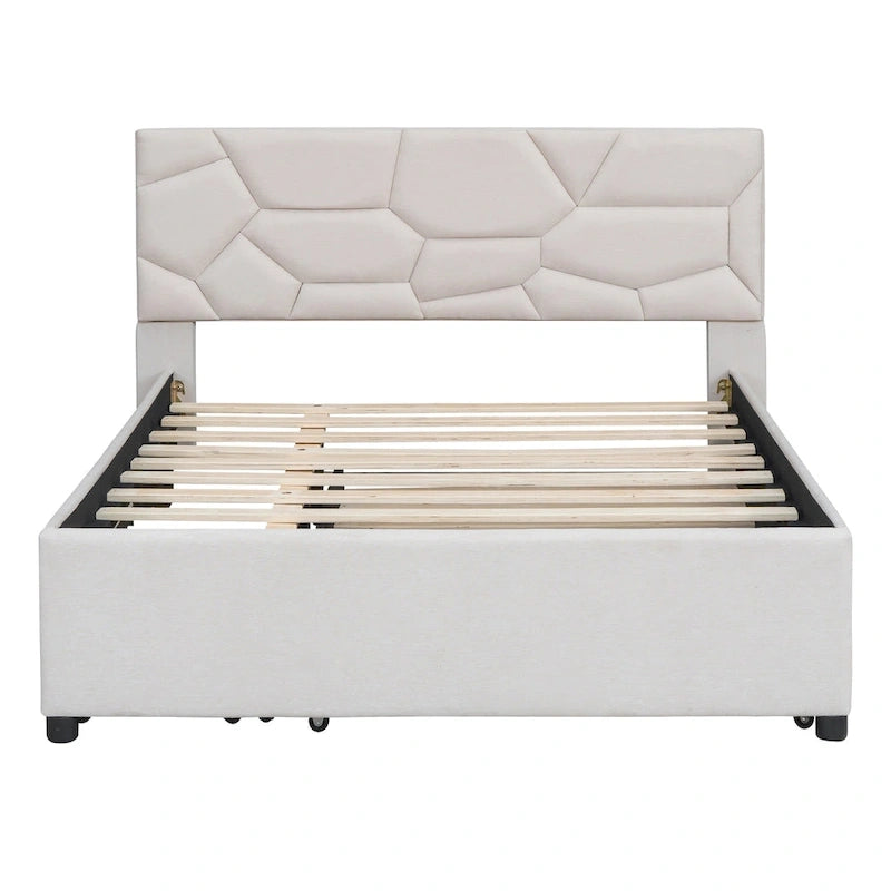 Full Size Platform Bed with Trundle, 2 Storage Drawers & Upholstered Headboard