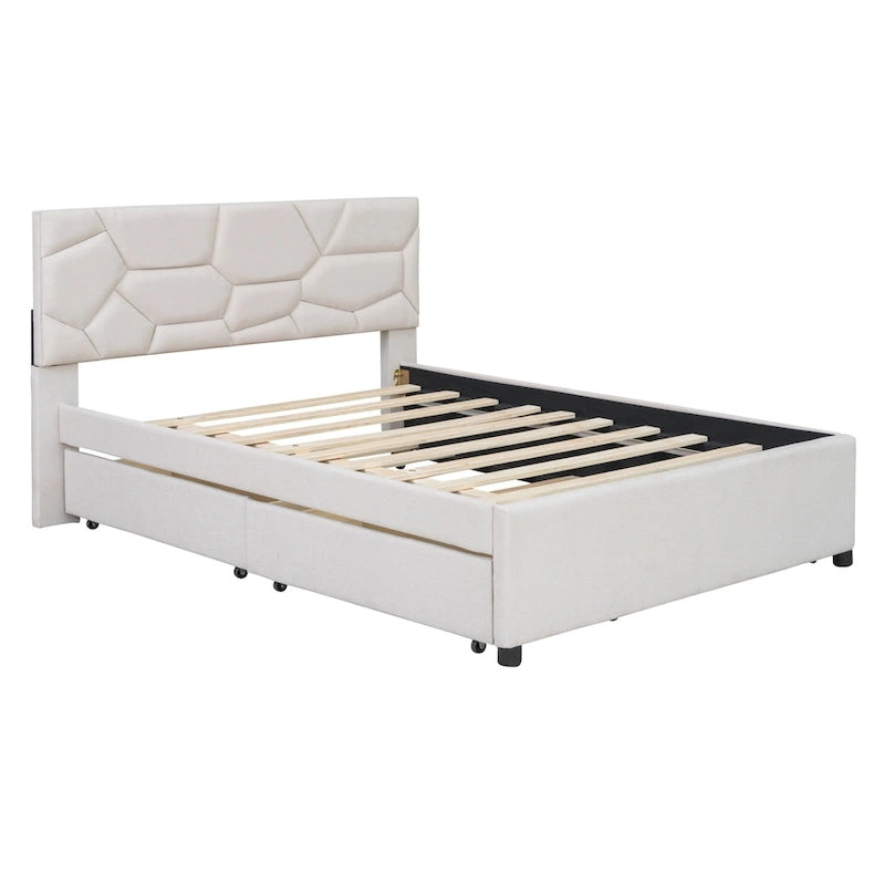 Full Size Platform Bed with Trundle, 2 Storage Drawers & Upholstered Headboard