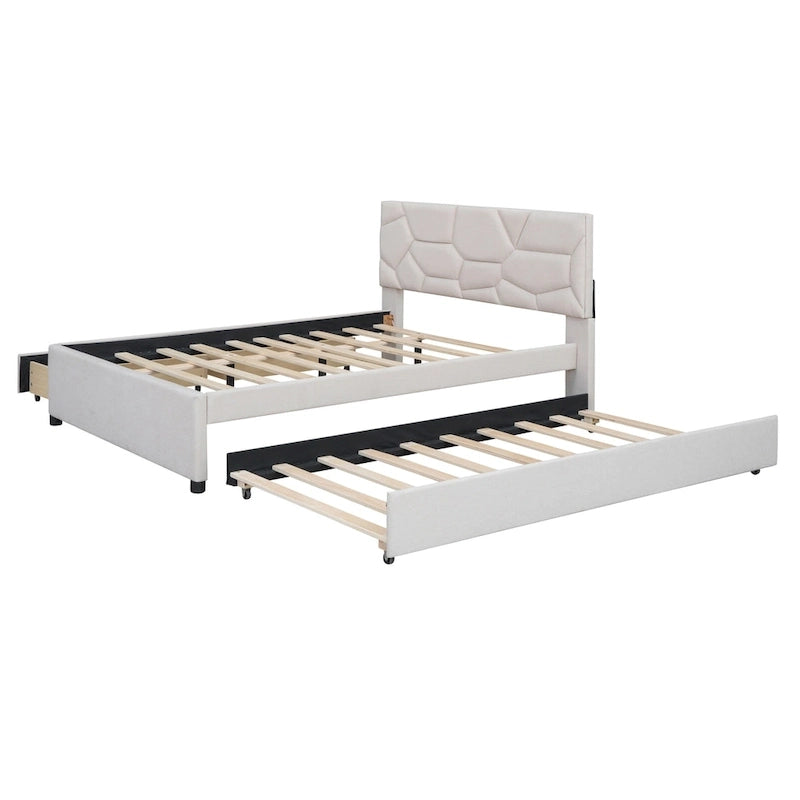 Full Size Platform Bed with Trundle, 2 Storage Drawers & Upholstered Headboard