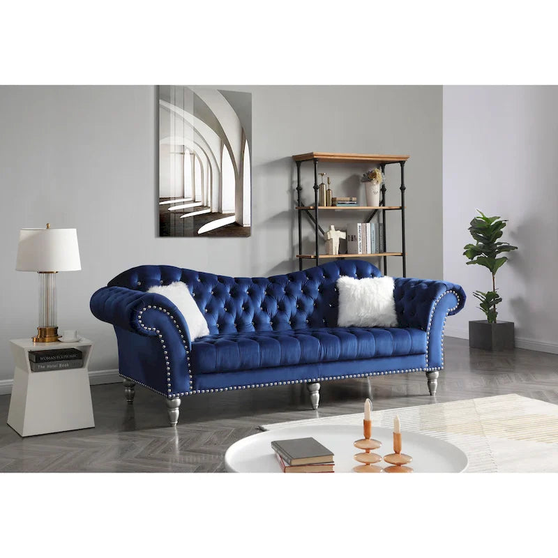 Classic Velvet Tufted Sofa with Nailhead Trim & Wood Legs