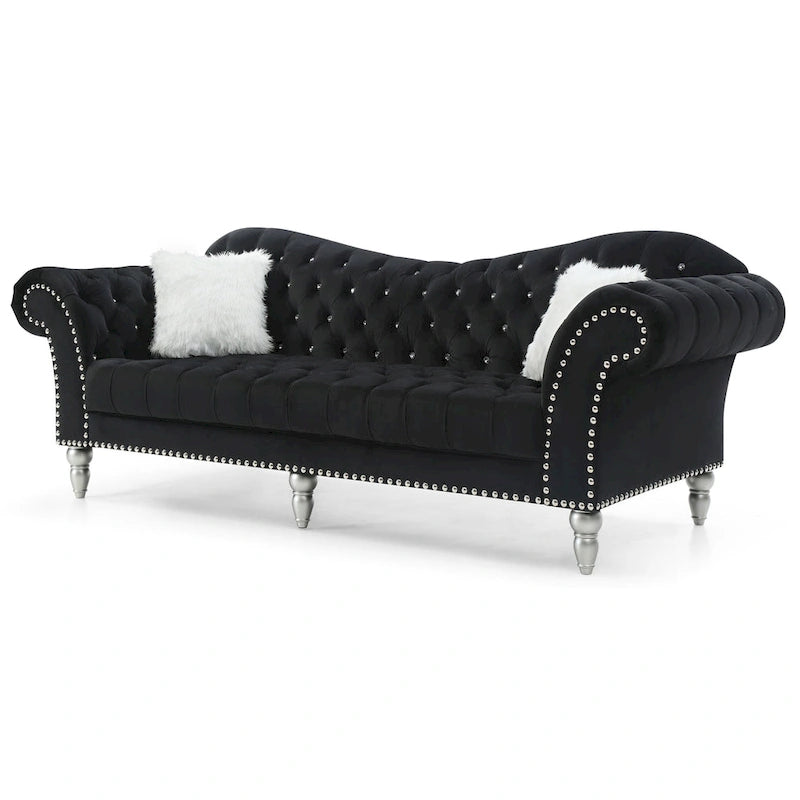 Classic Velvet Tufted Sofa with Nailhead Trim & Wood Legs