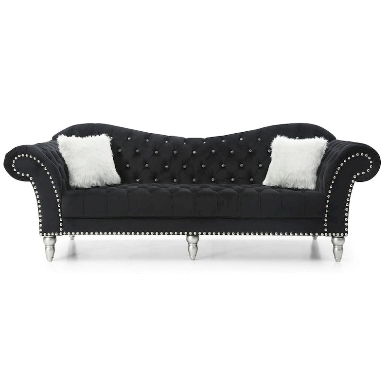 Classic Velvet Tufted Sofa with Nailhead Trim & Wood Legs