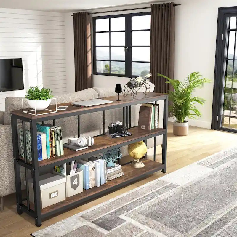 3-Tier Narrow Console Table with Metal Frame & Storage Shelves