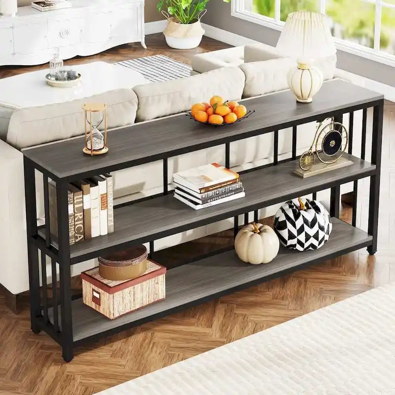 3-Tier Narrow Console Table with Metal Frame & Storage Shelves