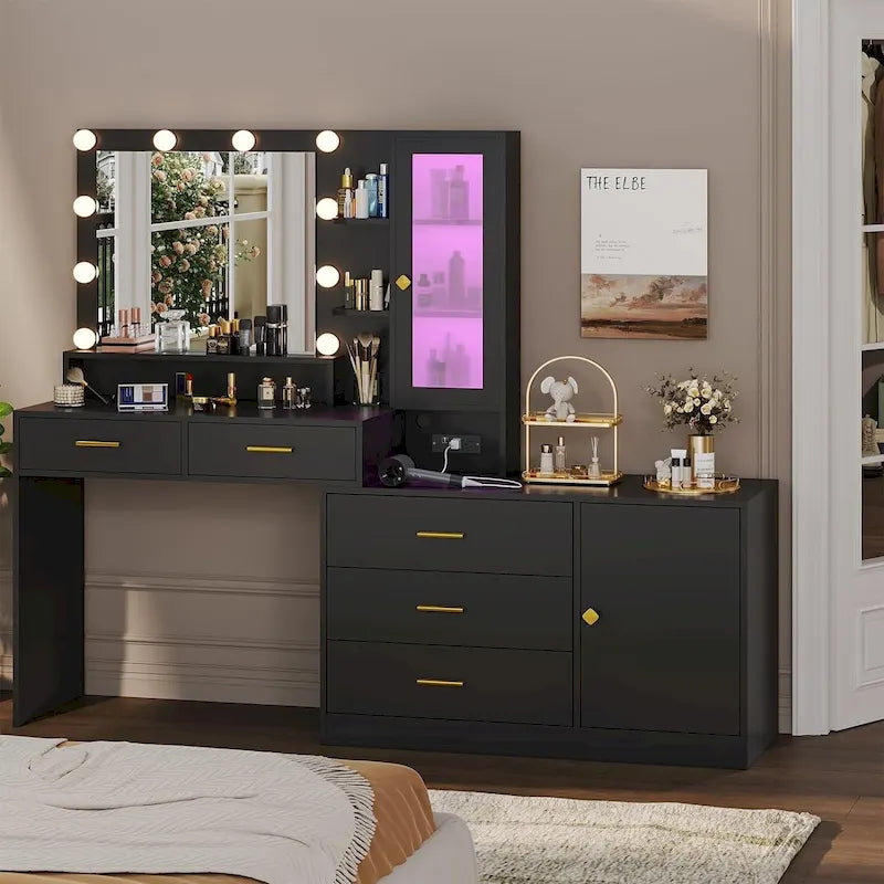 LED Lighted Makeup Vanity Desk with Cabinet, Drawers & Charging Station