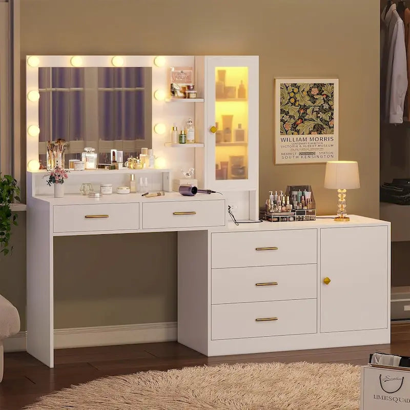 LED Lighted Makeup Vanity Desk with Cabinet, Drawers & Charging Station