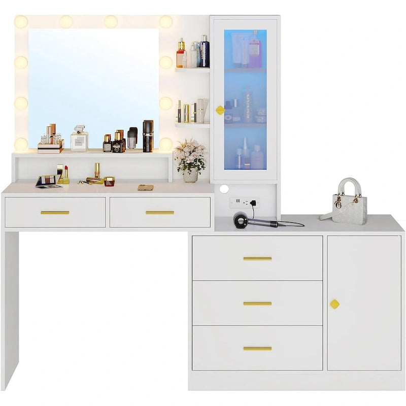 LED Lighted Makeup Vanity Desk with Cabinet, Drawers & Charging Station