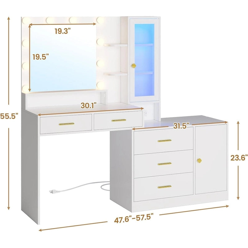 LED Lighted Makeup Vanity Desk with Cabinet, Drawers & Charging Station