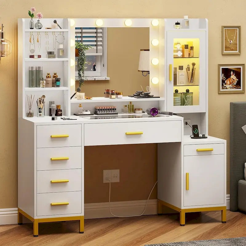 LED Lighted Makeup Vanity Desk with Cabinet, Drawers & Charging Station