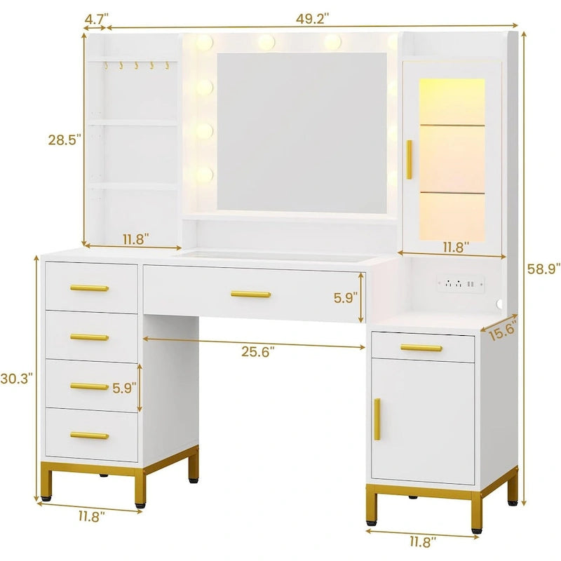 LED Lighted Makeup Vanity Desk with Cabinet, Drawers & Charging Station