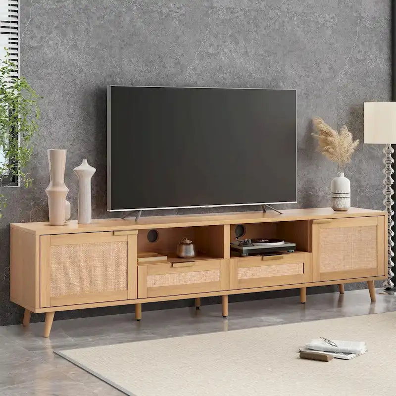 78" Rattan TV Stand with Cabinets