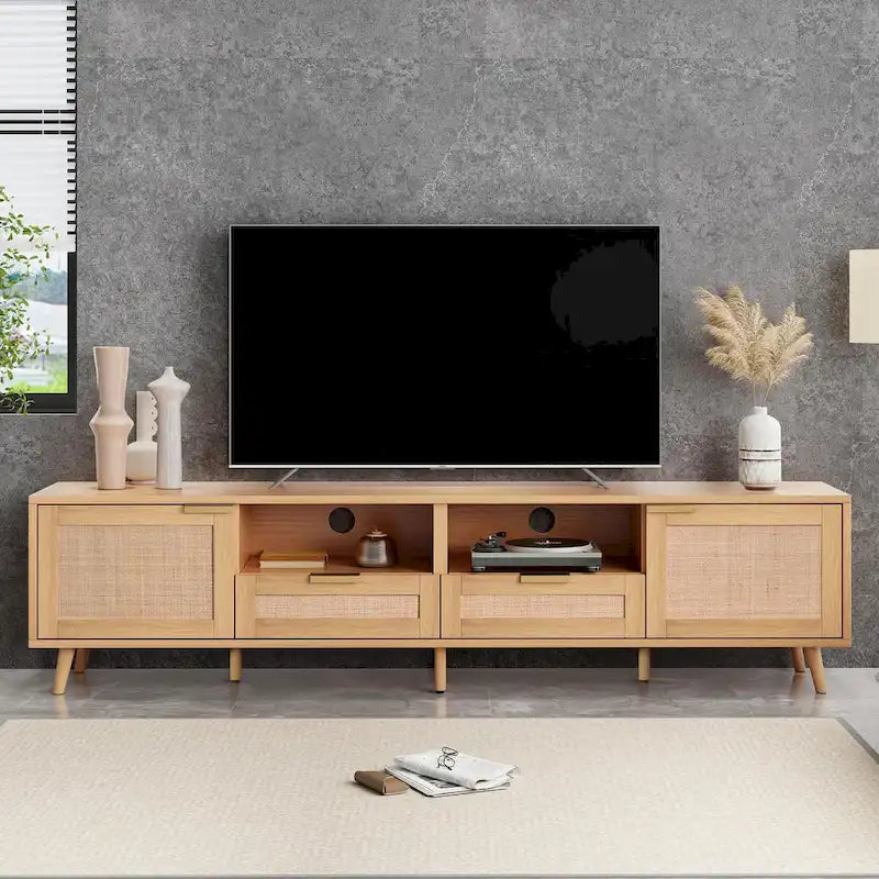 78" Rattan TV Stand with Cabinets