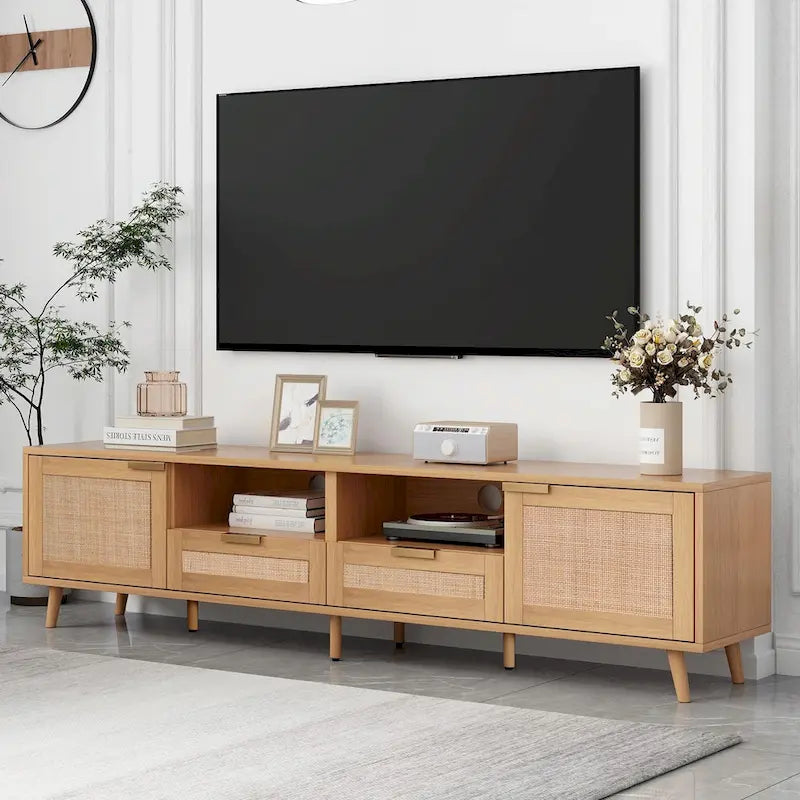 78" Rattan TV Stand with Cabinets