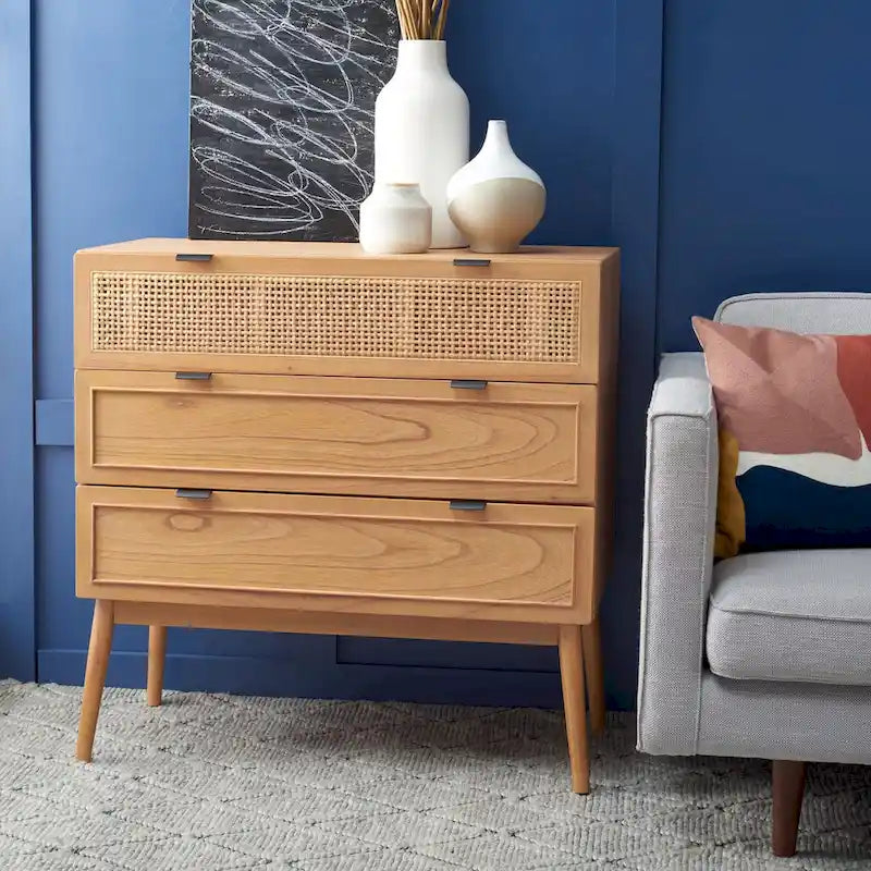 Mid-Century 3-Drawer Chest with Rattan Accent & Splayed Legs