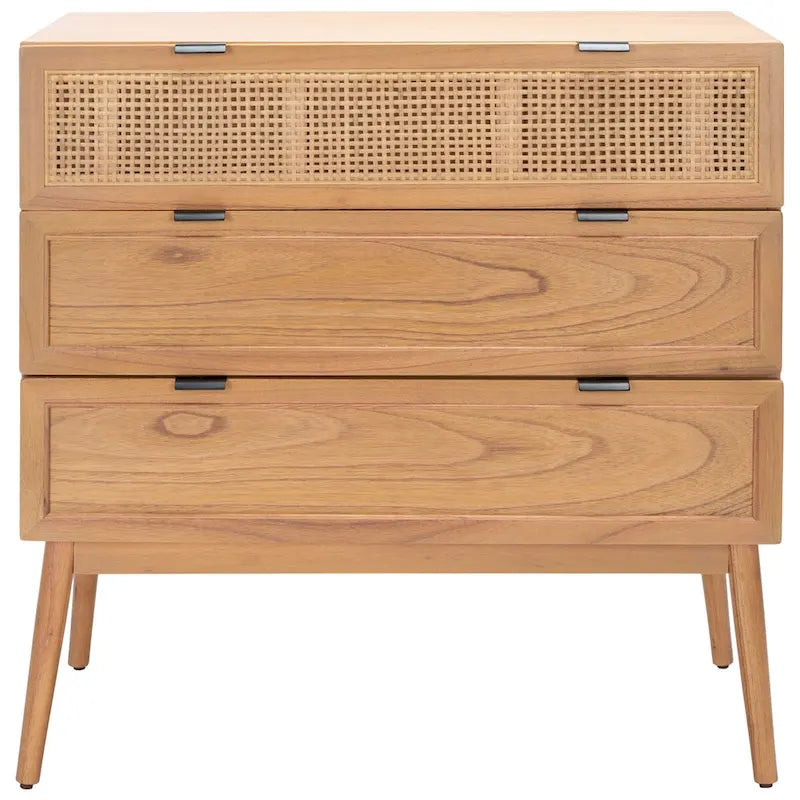 Mid-Century 3-Drawer Chest with Rattan Accent & Splayed Legs