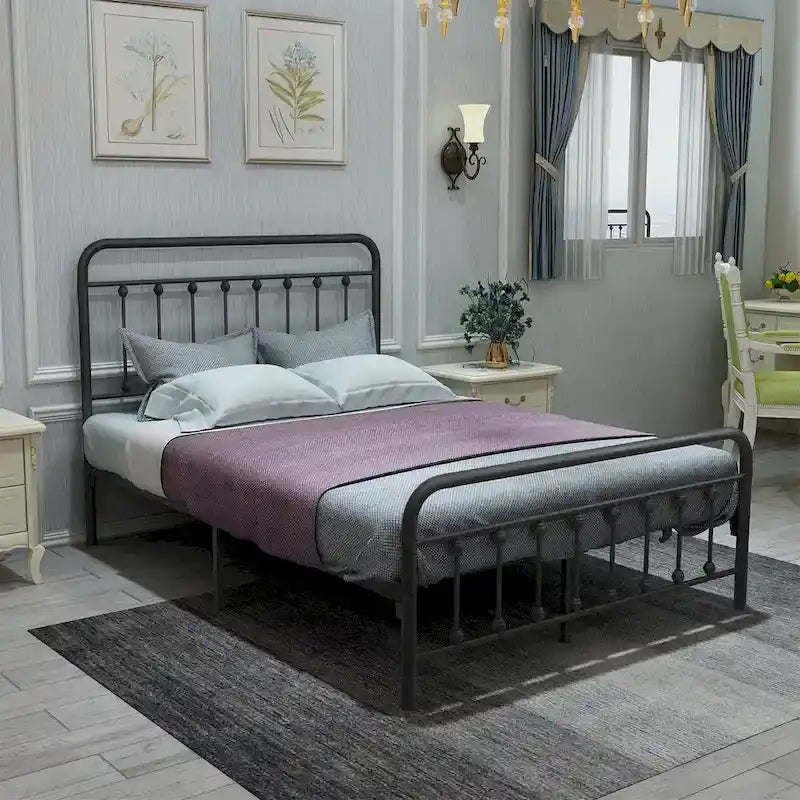 Victorian-Style Metal Platform Bed Frame with Headboard & Footboard
