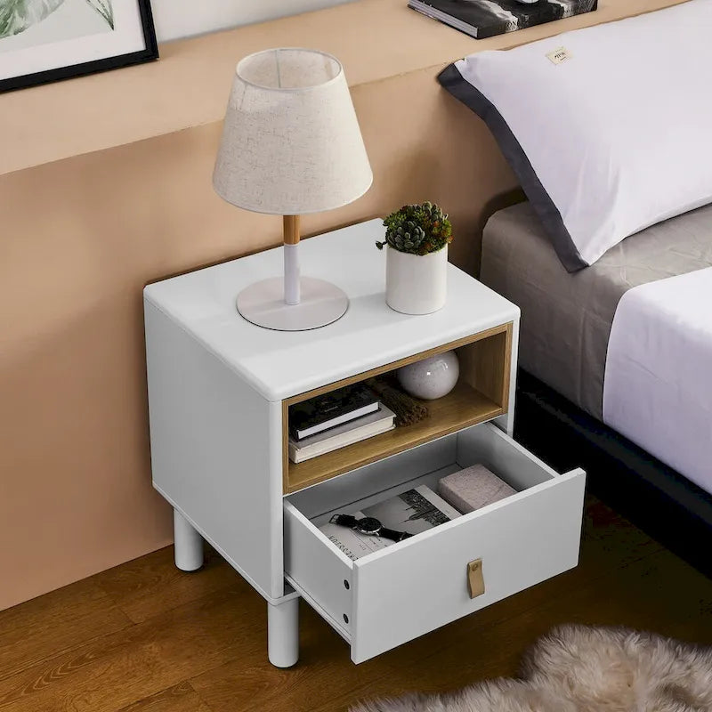 Wooden Nightstand with Drawer & Open Shelf