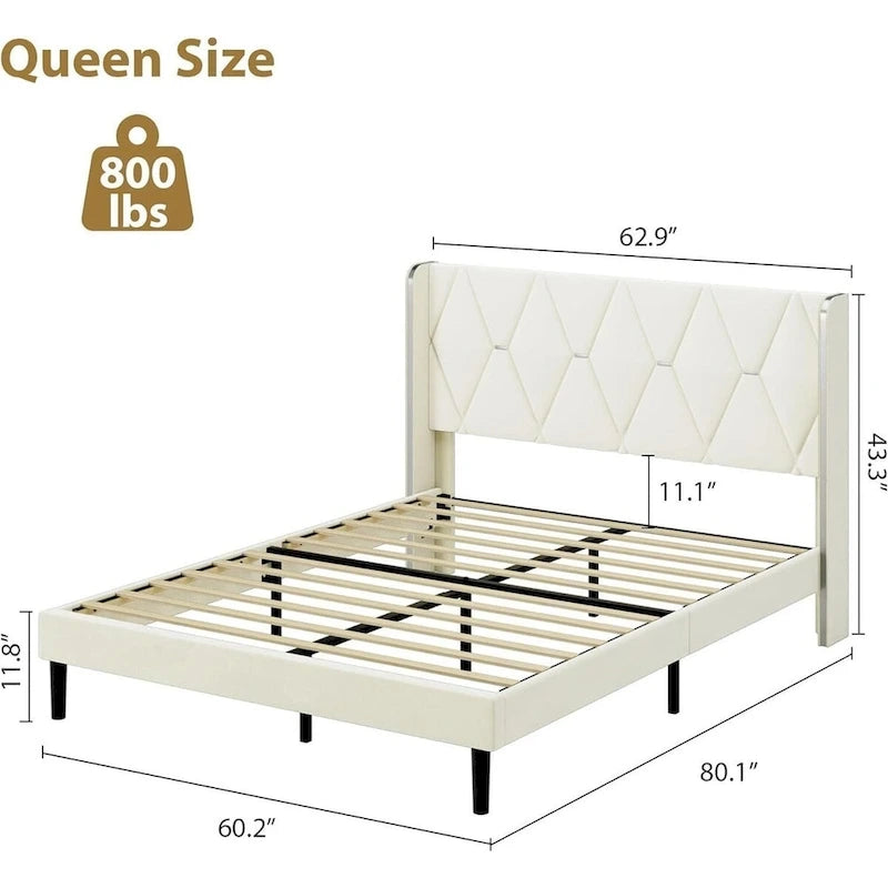 Velvet Upholstered Platform Bed with Wingback Headboard