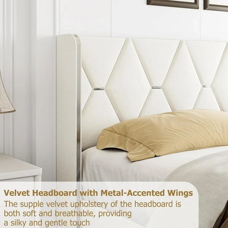 Velvet Upholstered Platform Bed with Wingback Headboard