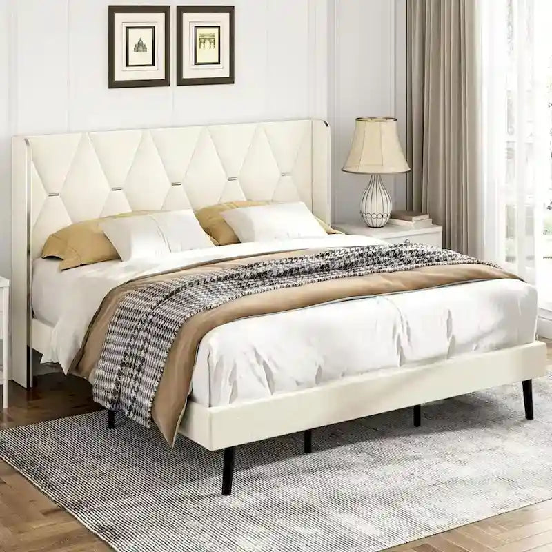 Velvet Upholstered Platform Bed with Wingback Headboard