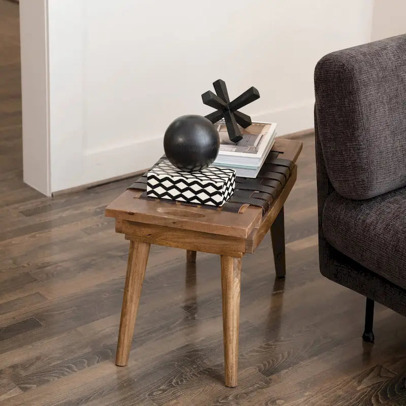Mango Wood Accent Stool with Woven Leather Seat