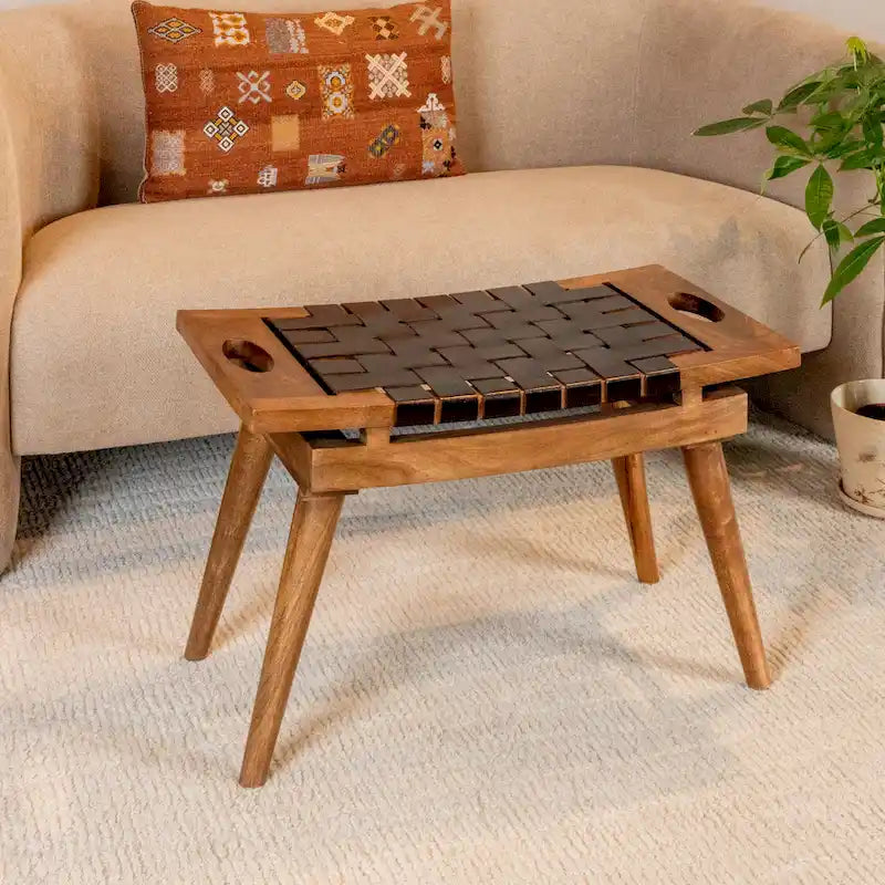 Mango Wood Accent Stool with Woven Leather Seat