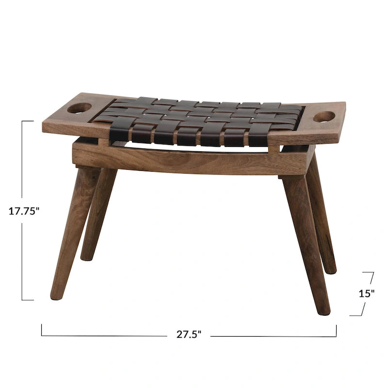 Mango Wood Accent Stool with Woven Leather Seat
