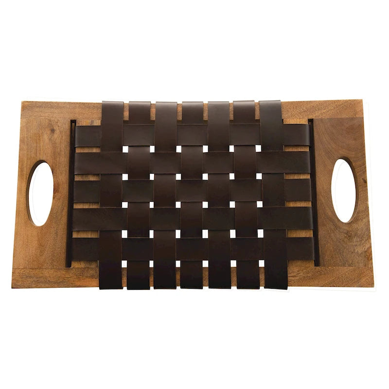 Mango Wood Accent Stool with Woven Leather Seat