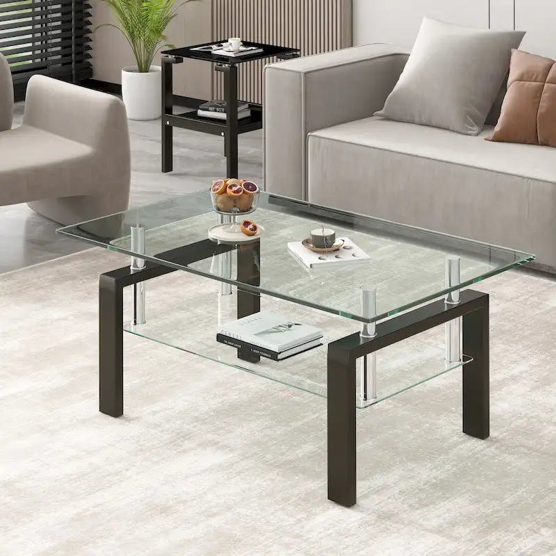 2-Tier Tempered Glass Coffee Table with Waterfall Edges