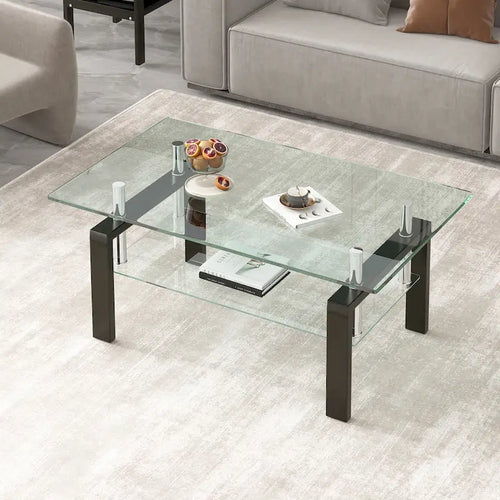 2-Tier Tempered Glass Coffee Table with Waterfall Edges