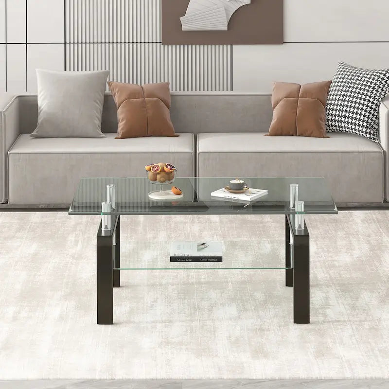 2-Tier Tempered Glass Coffee Table with Waterfall Edges