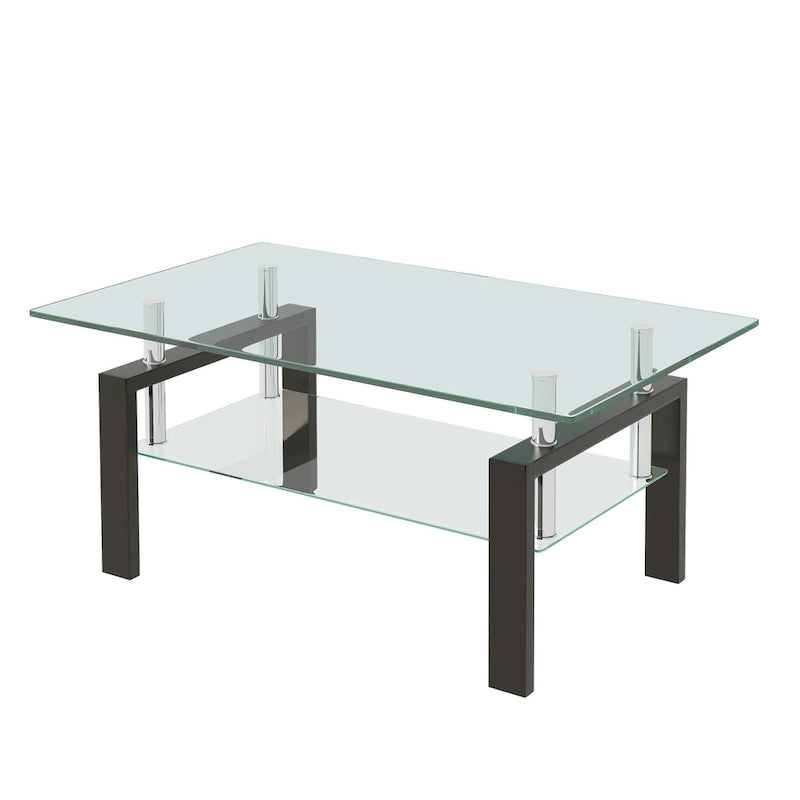 2-Tier Tempered Glass Coffee Table with Waterfall Edges
