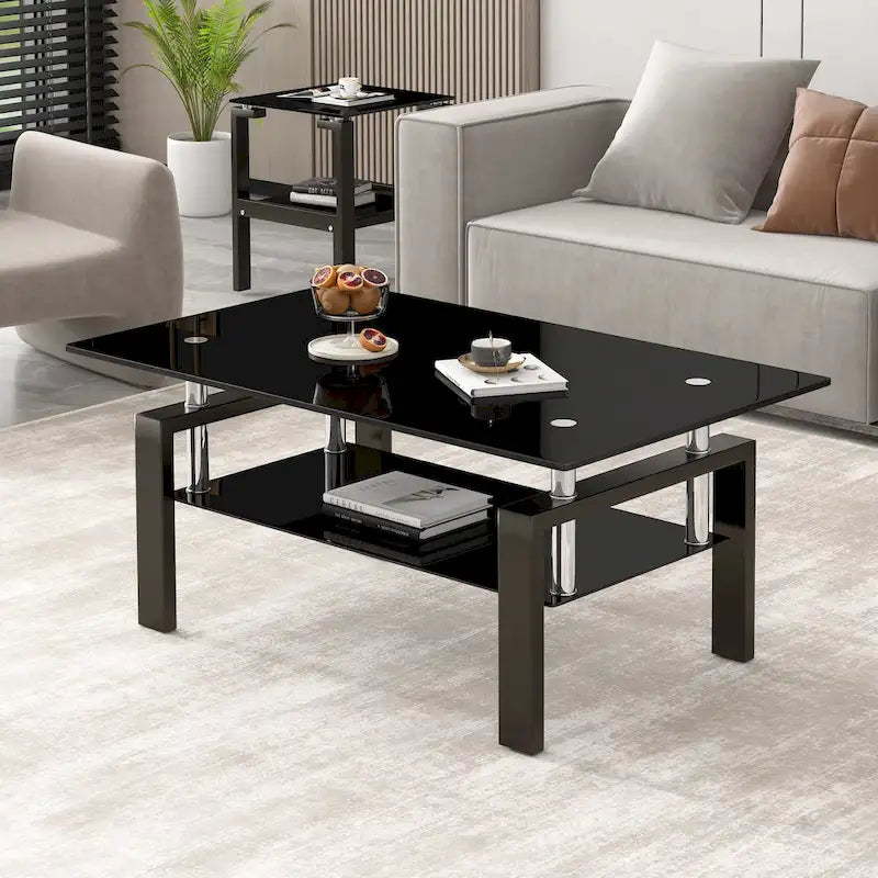 2-Tier Tempered Glass Coffee Table with Waterfall Edges