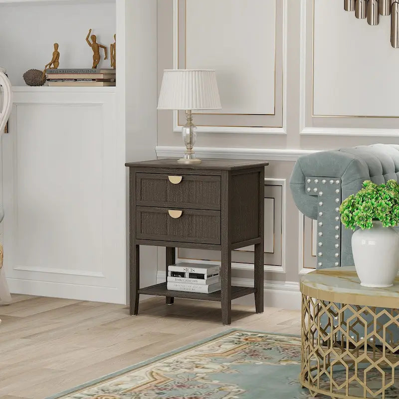 2-Drawer Side Table with Wood Grain Finish & Metal Base