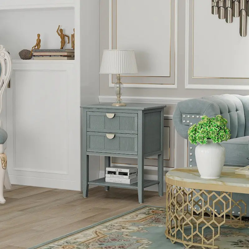 2-Drawer Side Table with Wood Grain Finish & Metal Base
