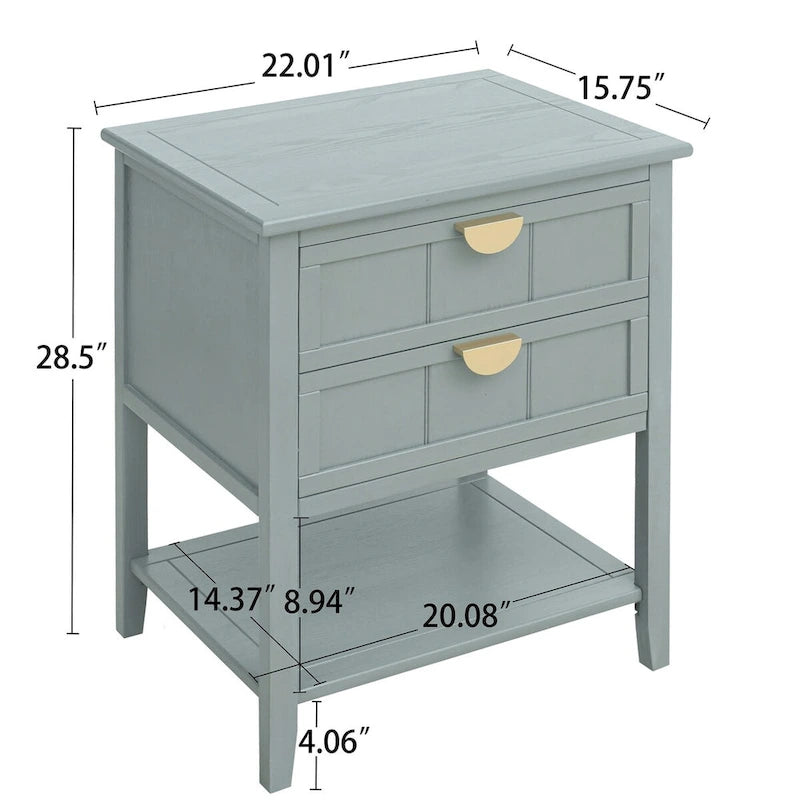 2-Drawer Side Table with Wood Grain Finish & Metal Base