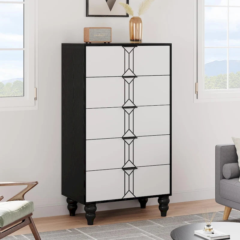 5-Drawer Vintage Pattern Dresser with Wood Legs & Metal Handles