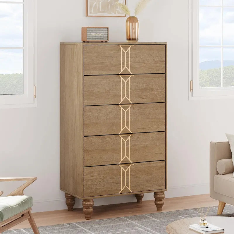 5-Drawer Vintage Pattern Dresser with Wood Legs & Metal Handles