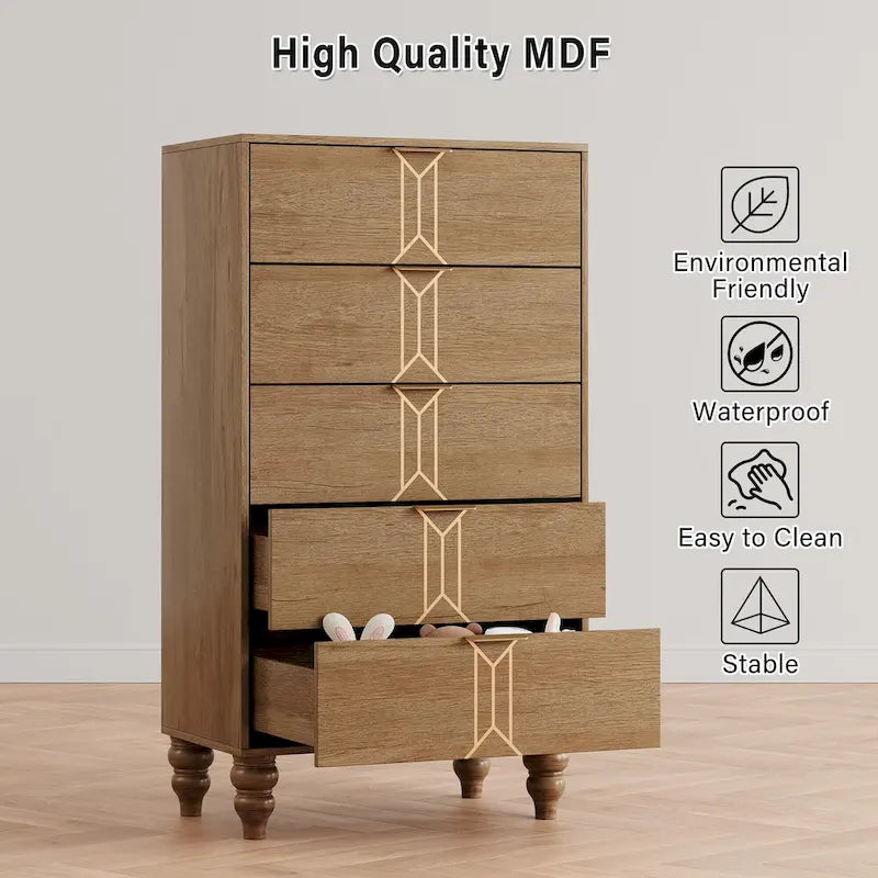 5-Drawer Vintage Pattern Dresser with Wood Legs & Metal Handles