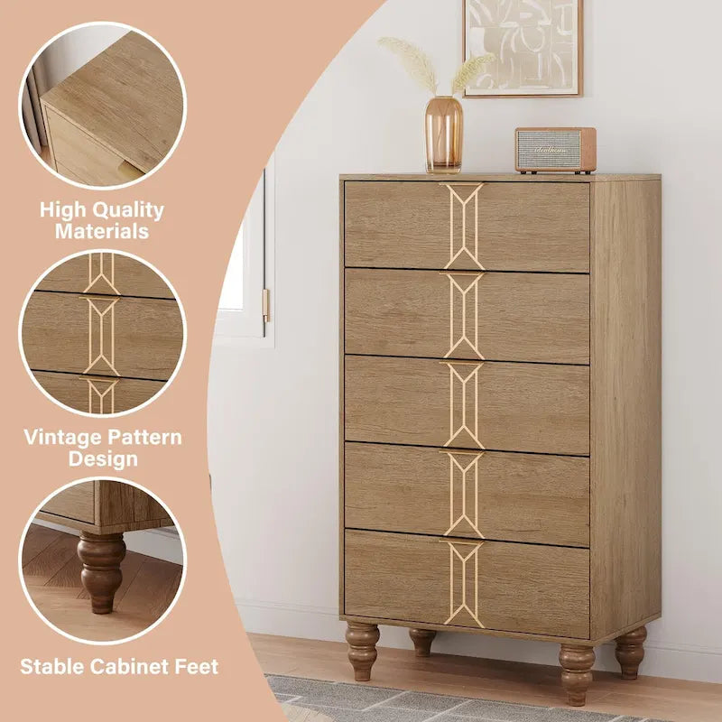 5-Drawer Vintage Pattern Dresser with Wood Legs & Metal Handles